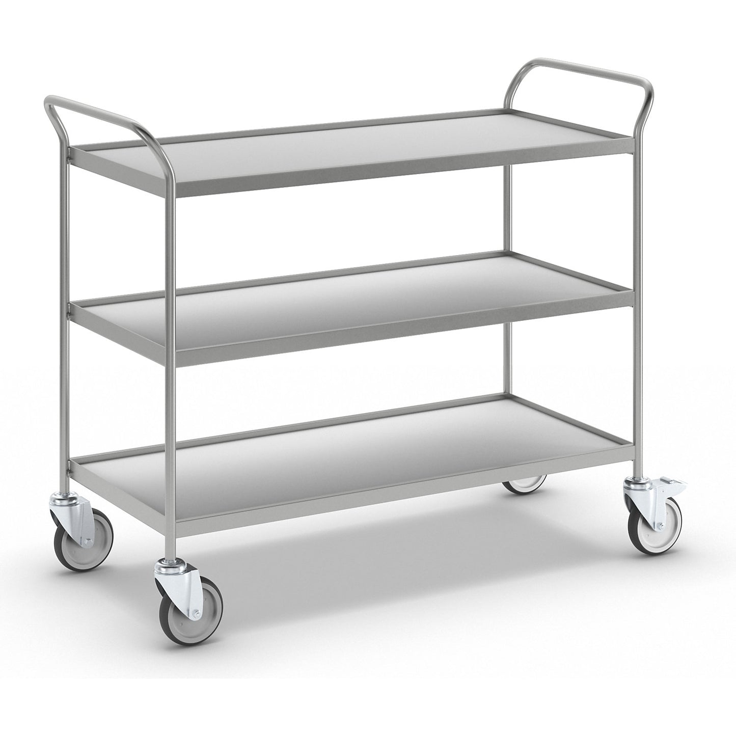 Serving trolley, 3 shelves in grey, with 4 swivel castors, 2 with double stops.