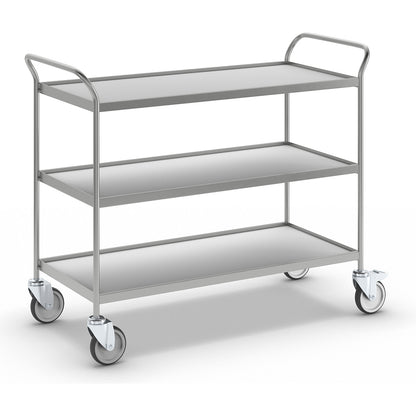 Serving trolley, 3 shelves in grey, with 4 swivel castors, 2 with double stops.