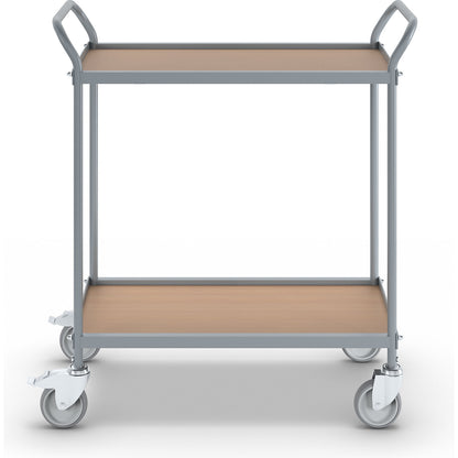 Serving trolley, shelf height 530 mm, 2 shelves, with 4 swivel castors, 2 with double stops, wheel Ø 100 mm.