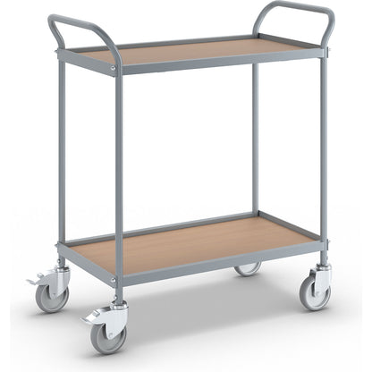 Serving trolley, shelf height 530 mm, 2 shelves, with 4 swivel castors, 2 with double stops, wheel Ø 100 mm.