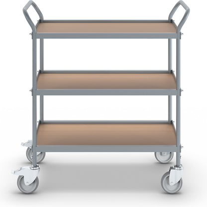 Serving trolley, shelf height 250 mm, 3 shelves, with 4 swivel castors, 2 with double stops, wheel Ø 100 mm.