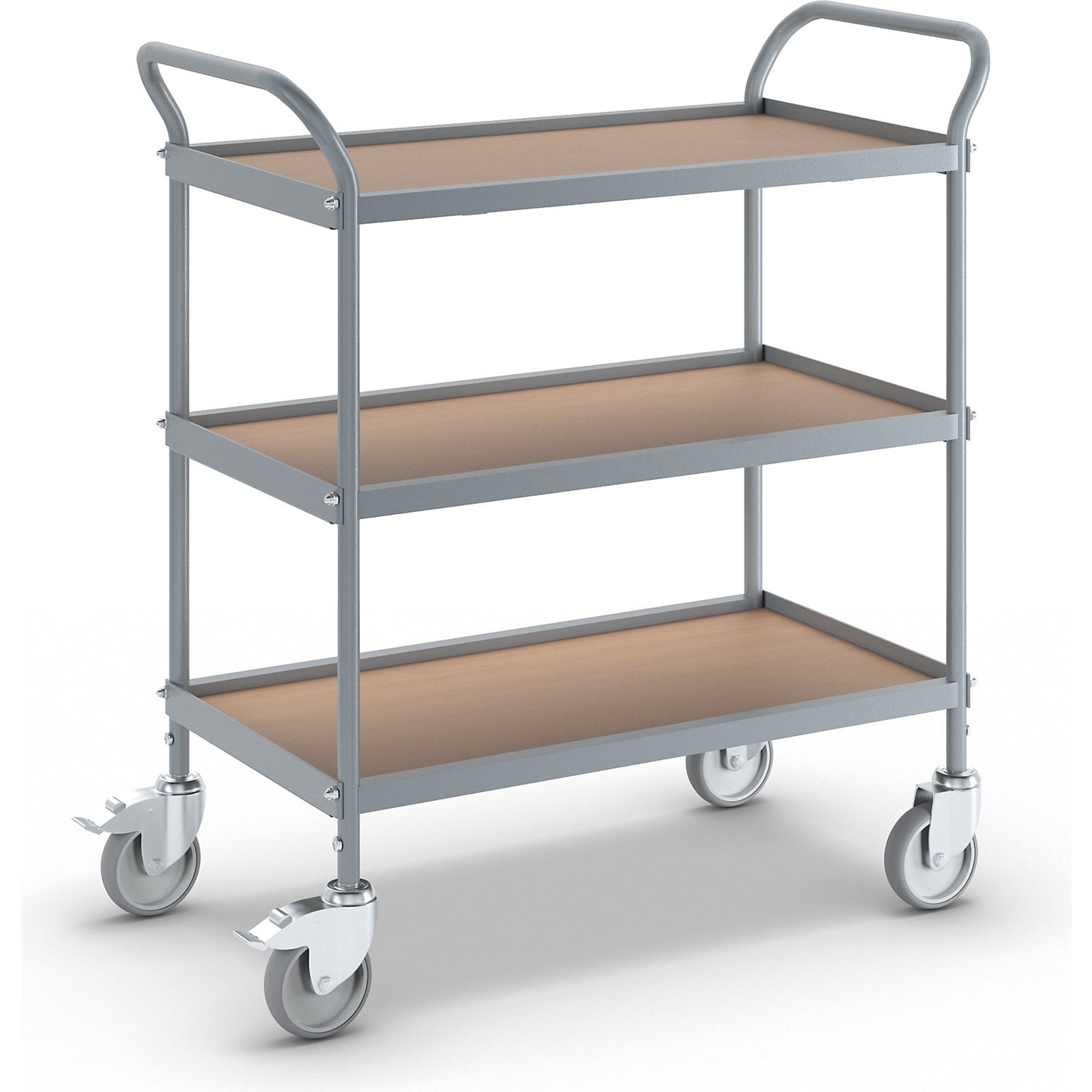 Serving trolley, shelf height 250 mm, 3 shelves, with 4 swivel castors, 2 with double stops, wheel Ø 100 mm.