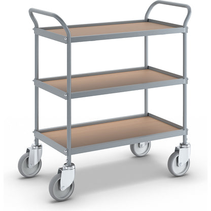 Serving trolley, shelf height 250 mm, 3 shelves, with 4 swivel castors, wheel Ø 125 mm.