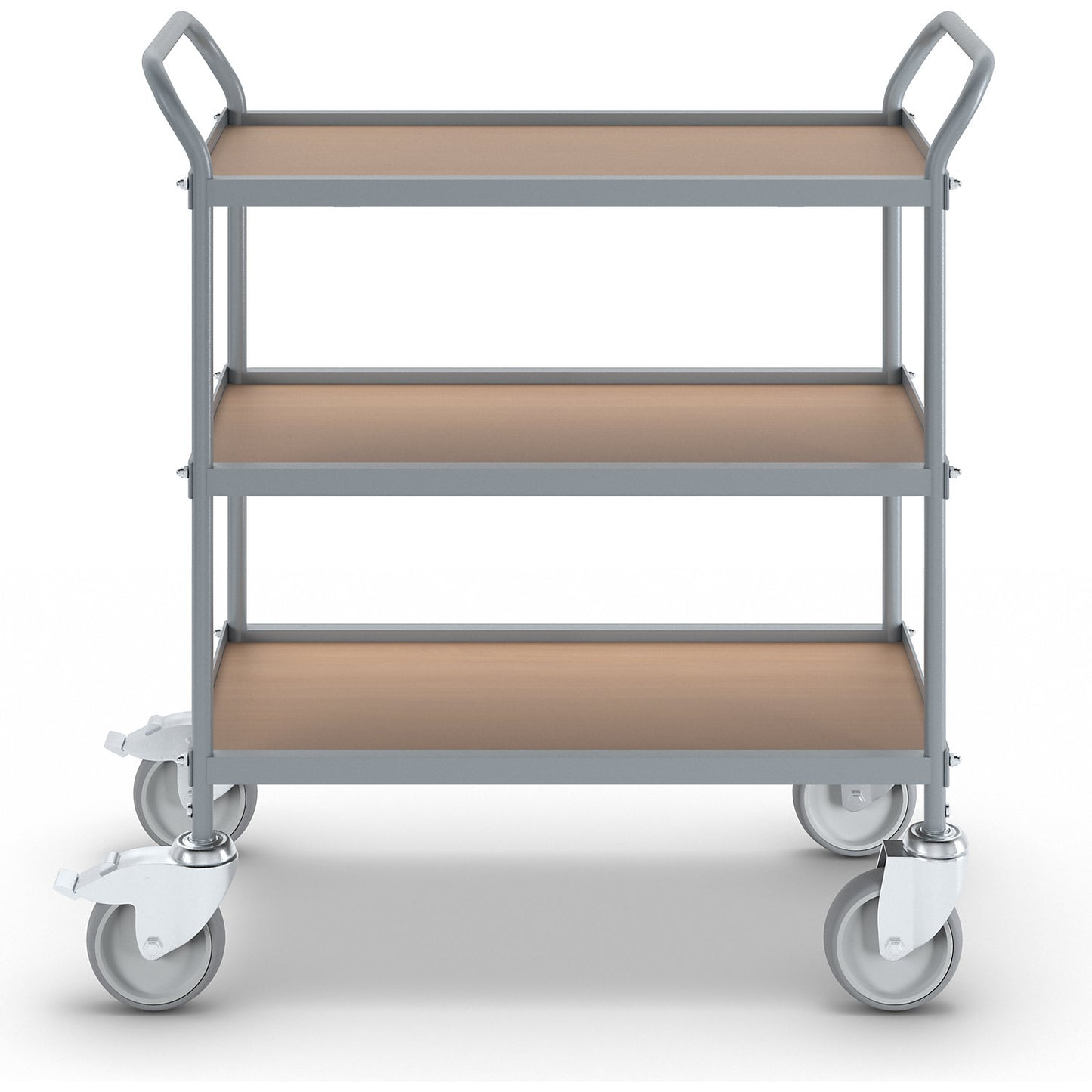 Serving trolley, shelf height 250 mm, 3 shelves, with 4 swivel castors, 2 with double stops, wheel Ø 125 mm.