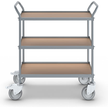 Serving trolley, shelf height 250 mm, 3 shelves, with 4 swivel castors, 2 with double stops, wheel Ø 125 mm.