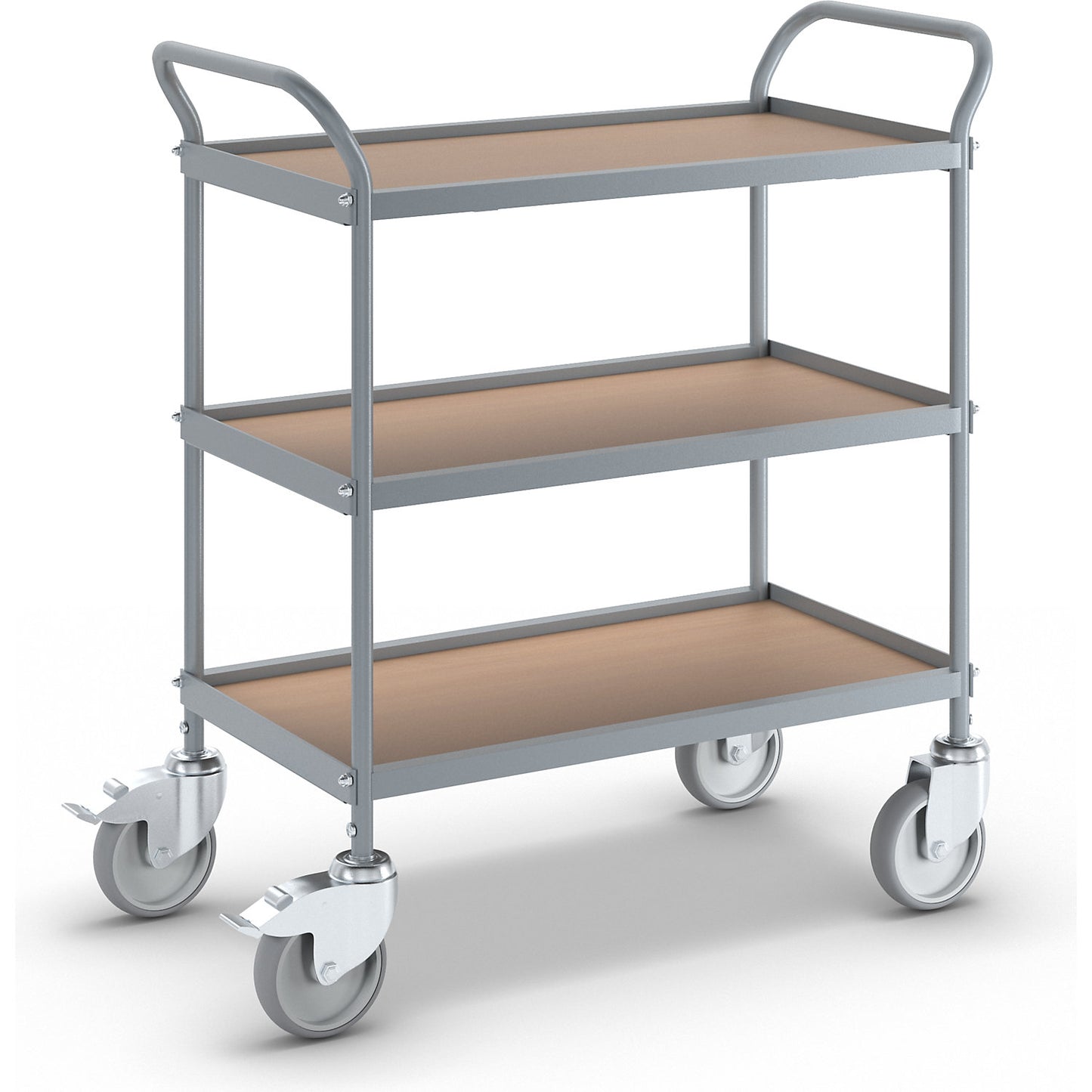 Serving trolley, shelf height 250 mm, 3 shelves, with 4 swivel castors, 2 with double stops, wheel Ø 125 mm.