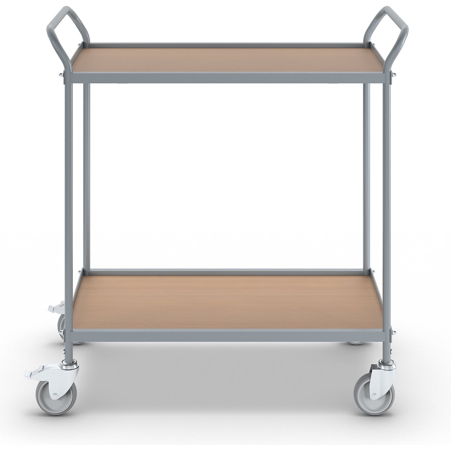 Serving trolley, shelf height 590 mm, 2 shelves, with 4 swivel castors, 2 with double stops, wheel Ø 100 mm.