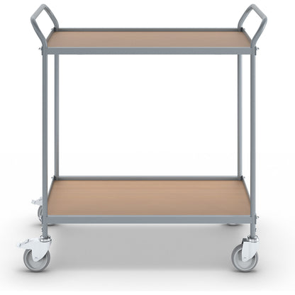 Serving trolley, shelf height 590 mm, 2 shelves, with 4 swivel castors, 2 with double stops, wheel Ø 100 mm.