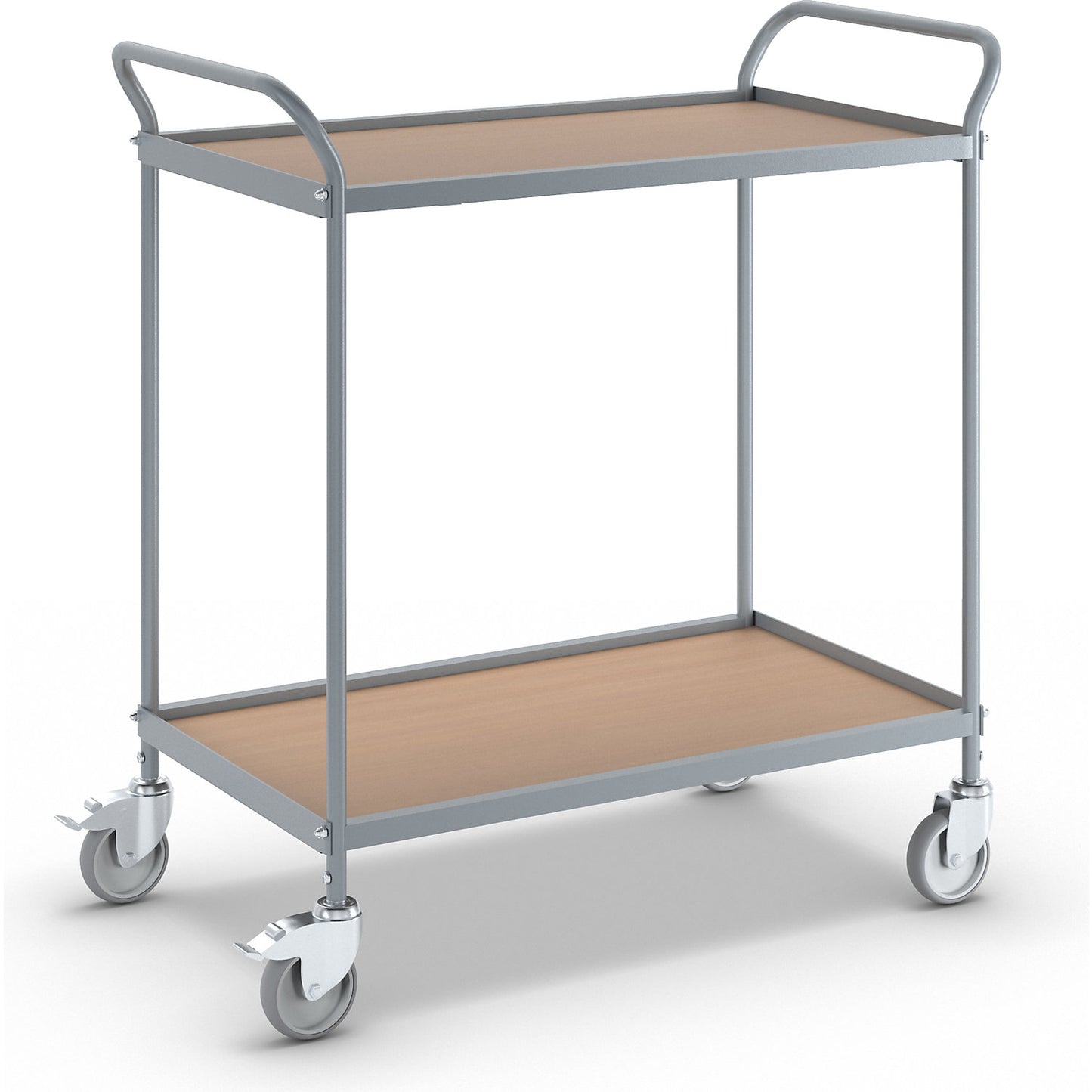 Serving trolley, shelf height 590 mm, 2 shelves, with 4 swivel castors, 2 with double stops, wheel Ø 100 mm.