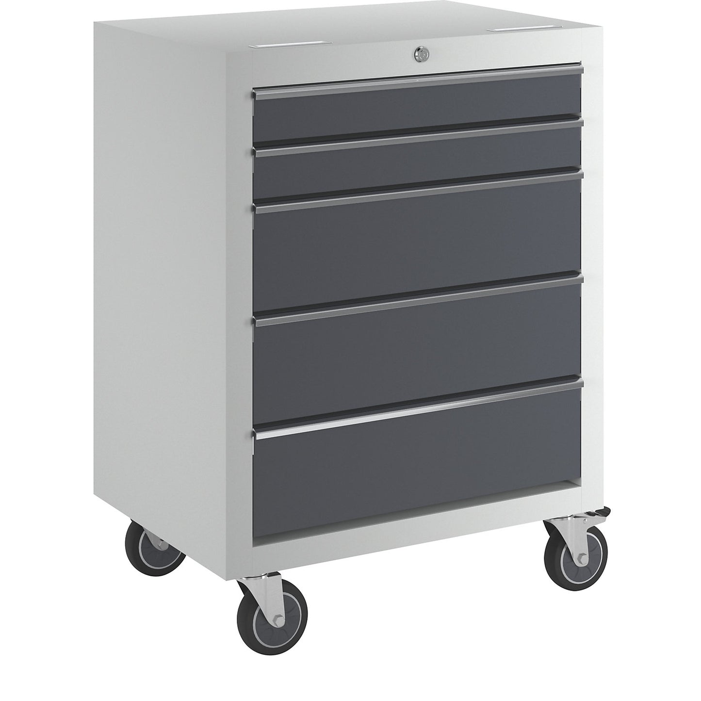 Drawer unit on castors, HxWxD 860 x 646 x 460 mm, with 5 drawers and 4 shelves.