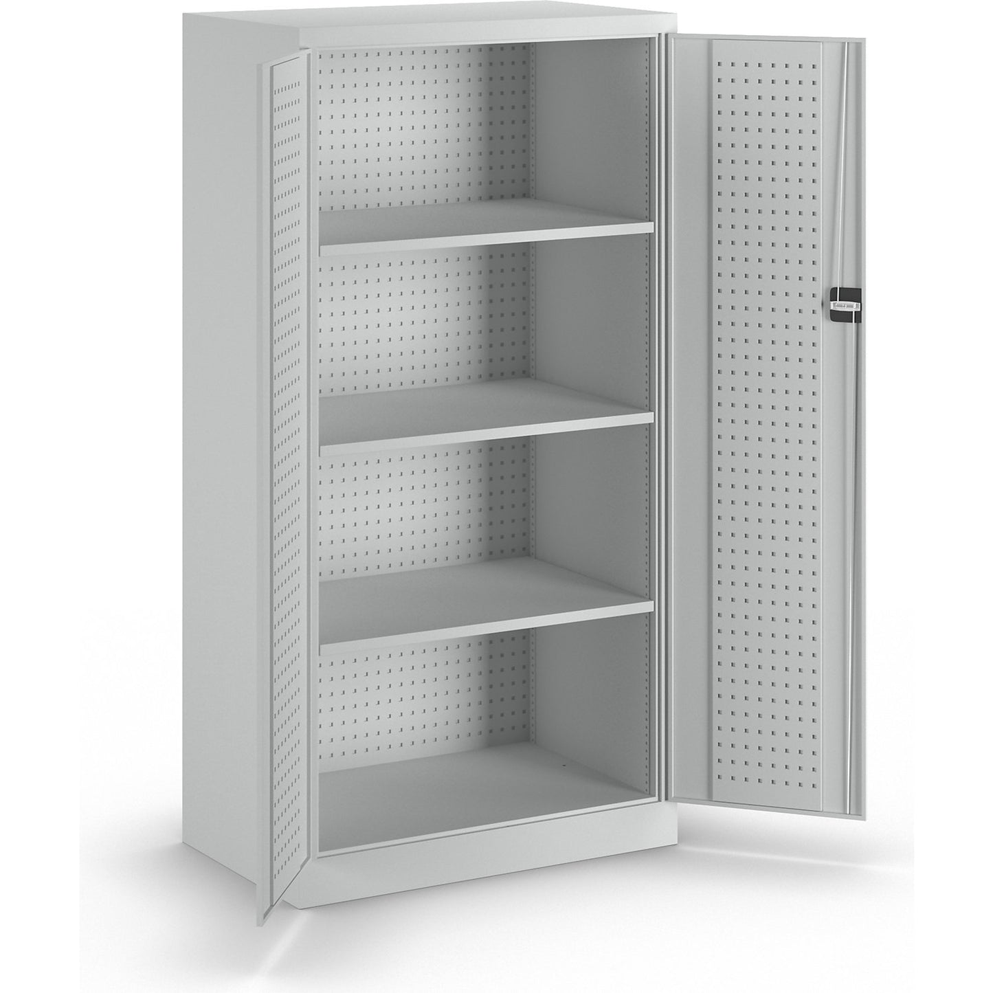 Tool cupboard with perforations, 3 shelves, light grey doors.