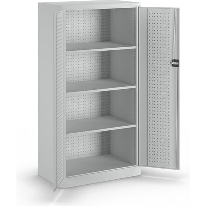 Tool cupboard with perforations, 3 shelves, light grey doors.
