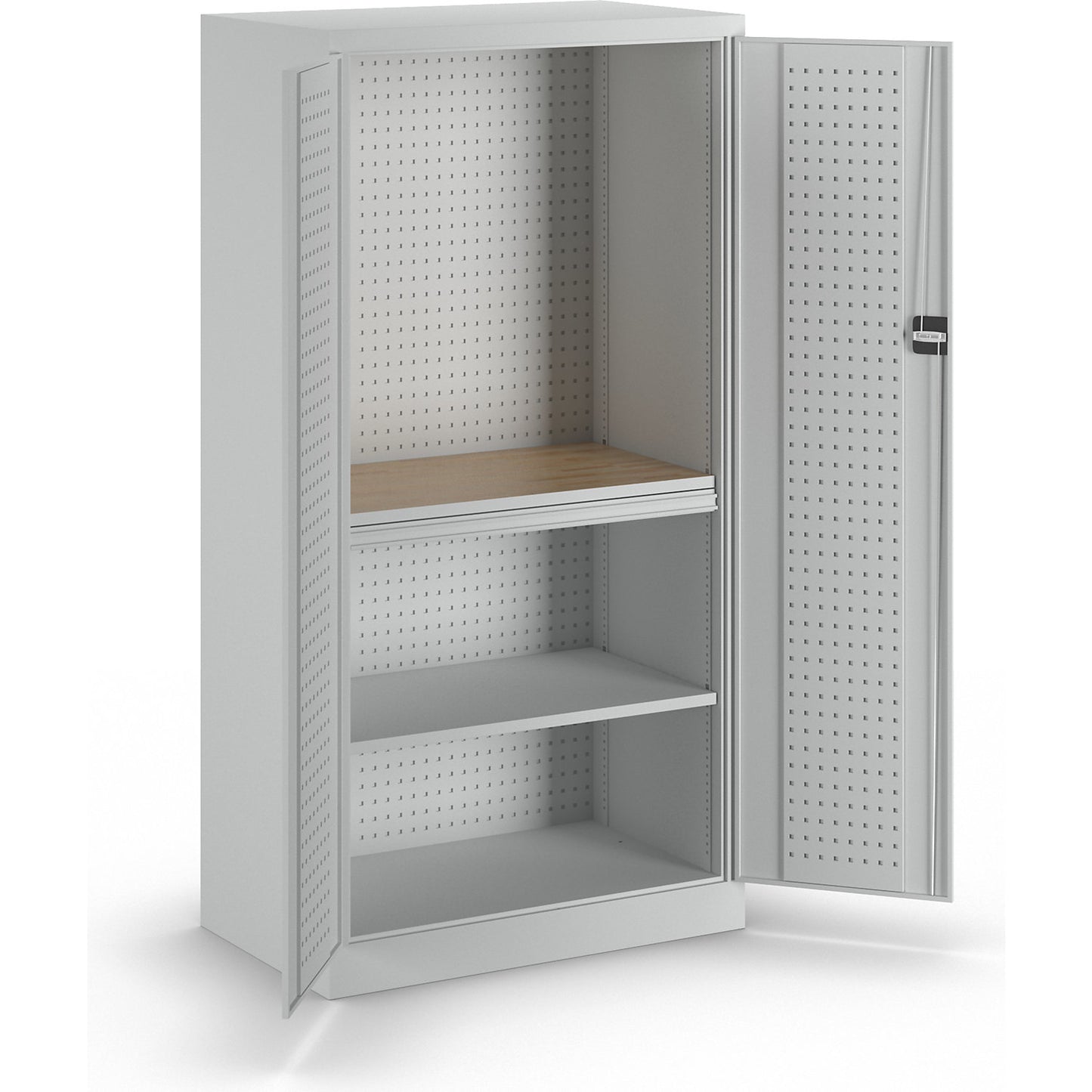 Tool cupboard with perforations, 1 drawer, 1 shelf, 1 worktop, light grey doors.