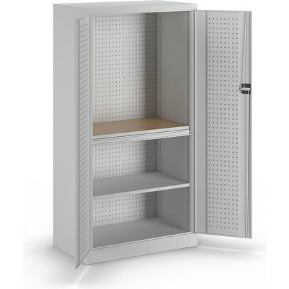 Tool cupboard with perforations, 1 drawer, 1 shelf, 1 worktop, light grey doors.