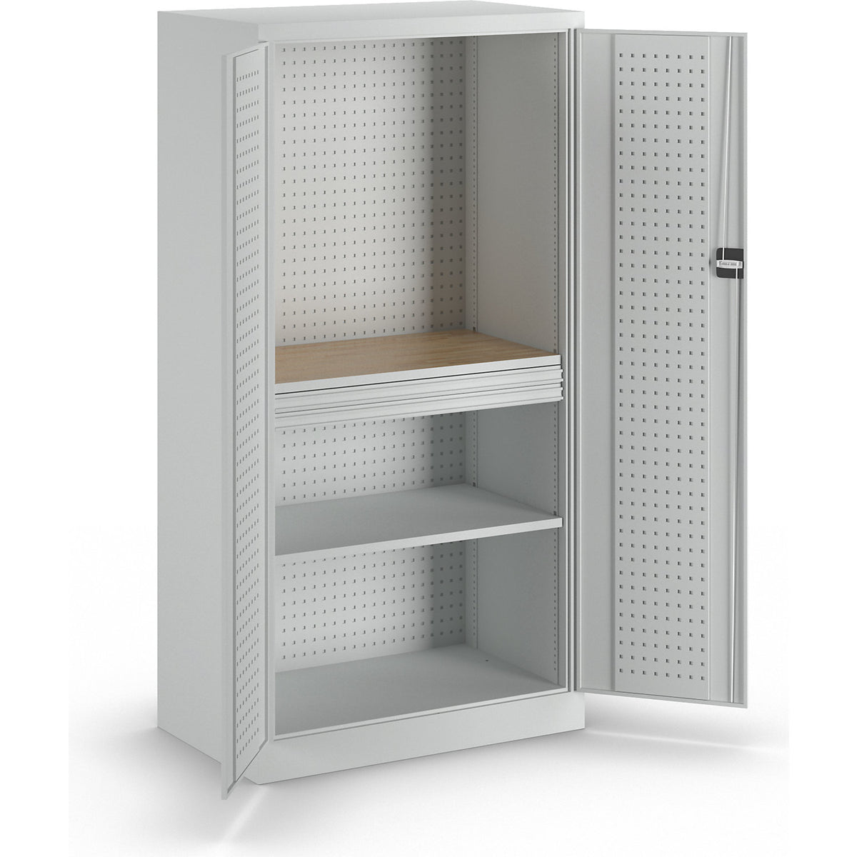 Tool cupboard with perforations, 2 drawers, 1 shelf, 1 worktop, light grey doors.