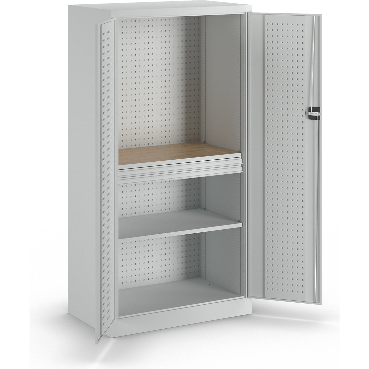 Tool cupboard with perforations, 2 drawers, 1 shelf, 1 worktop, light grey doors.