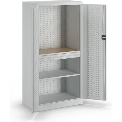 Tool cupboard with perforations, 2 drawers, 1 shelf, 1 worktop, light grey doors.