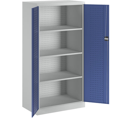 Tool cupboard with perforations, 3 shelves, gentian blue doors.