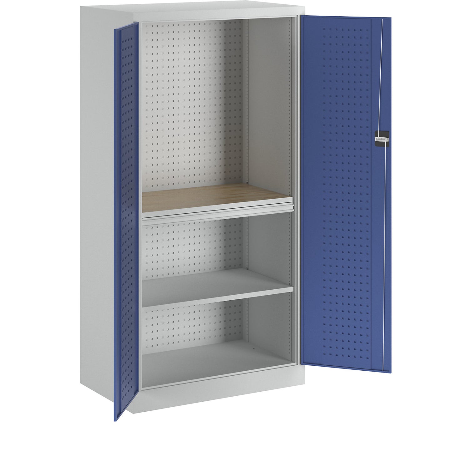 Tool cupboard with perforations, 1 drawer, 1 shelf, 1 worktop, gentian blue doors.