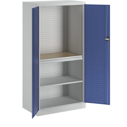 Tool cupboard with perforations, 1 drawer, 1 shelf, 1 worktop, gentian blue doors.