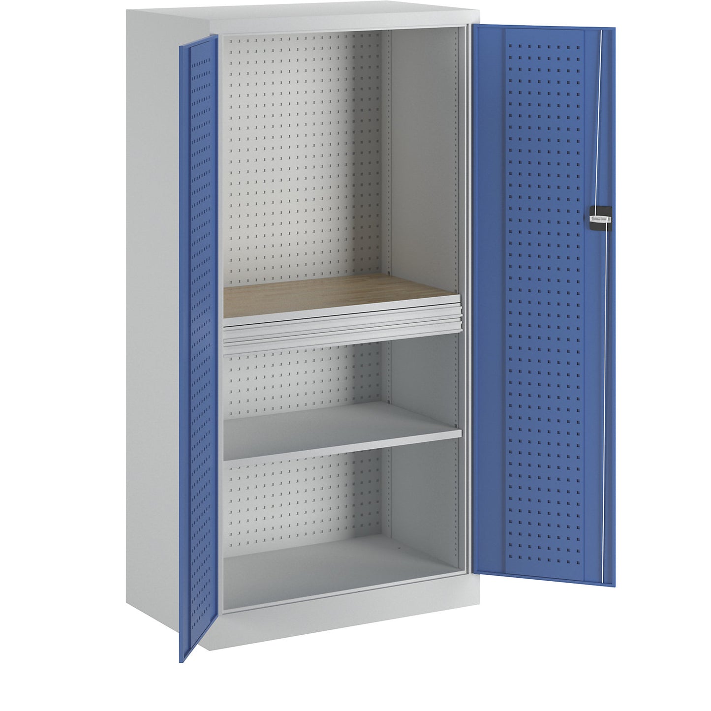 Tool cupboard with perforations, 2 drawers, 1 shelf, 1 worktop, gentian blue doors.