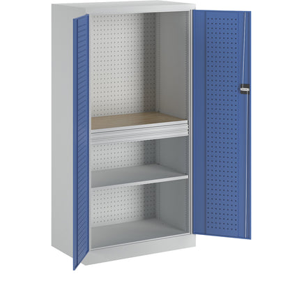 Tool cupboard with perforations, 2 drawers, 1 shelf, 1 worktop, gentian blue doors.