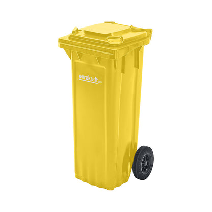 Plastic waste bin DIN EN 840, capacity 80 l, WxHxD 448 x 932 x 514 mm, yellow.
