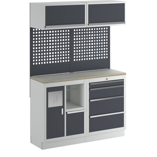 Workshop cupboard system with waste and cleaning centre, WxD 1360 x 460 mm, light grey / charcoal.