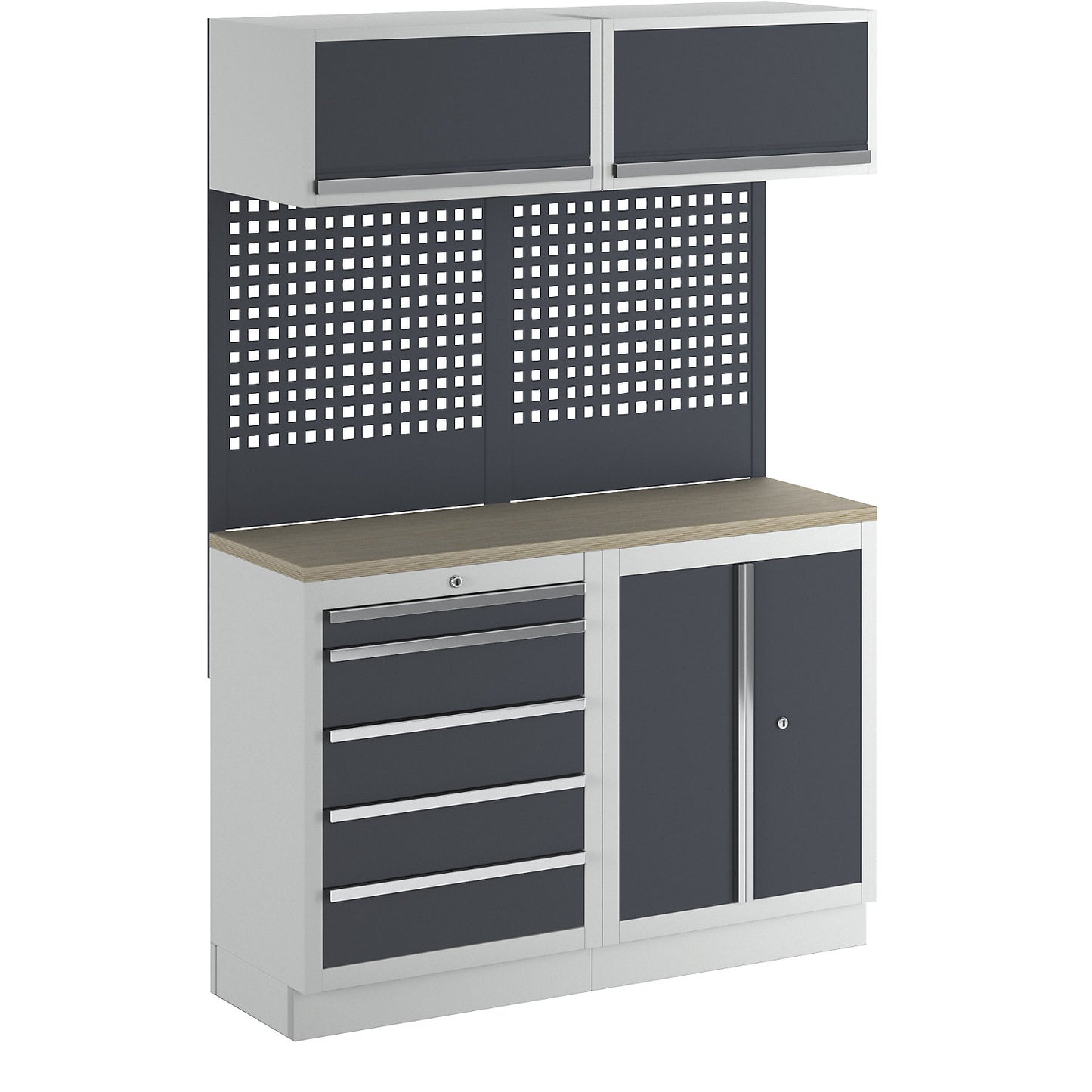Workshop cupboard system with hinged door and drawer base cupboard, WxD 1360 x 460 mm, light grey / charcoal.