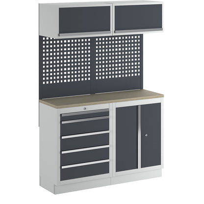 Workshop cupboard system with hinged door and drawer base cupboard, WxD 1360 x 460 mm, light grey / charcoal.