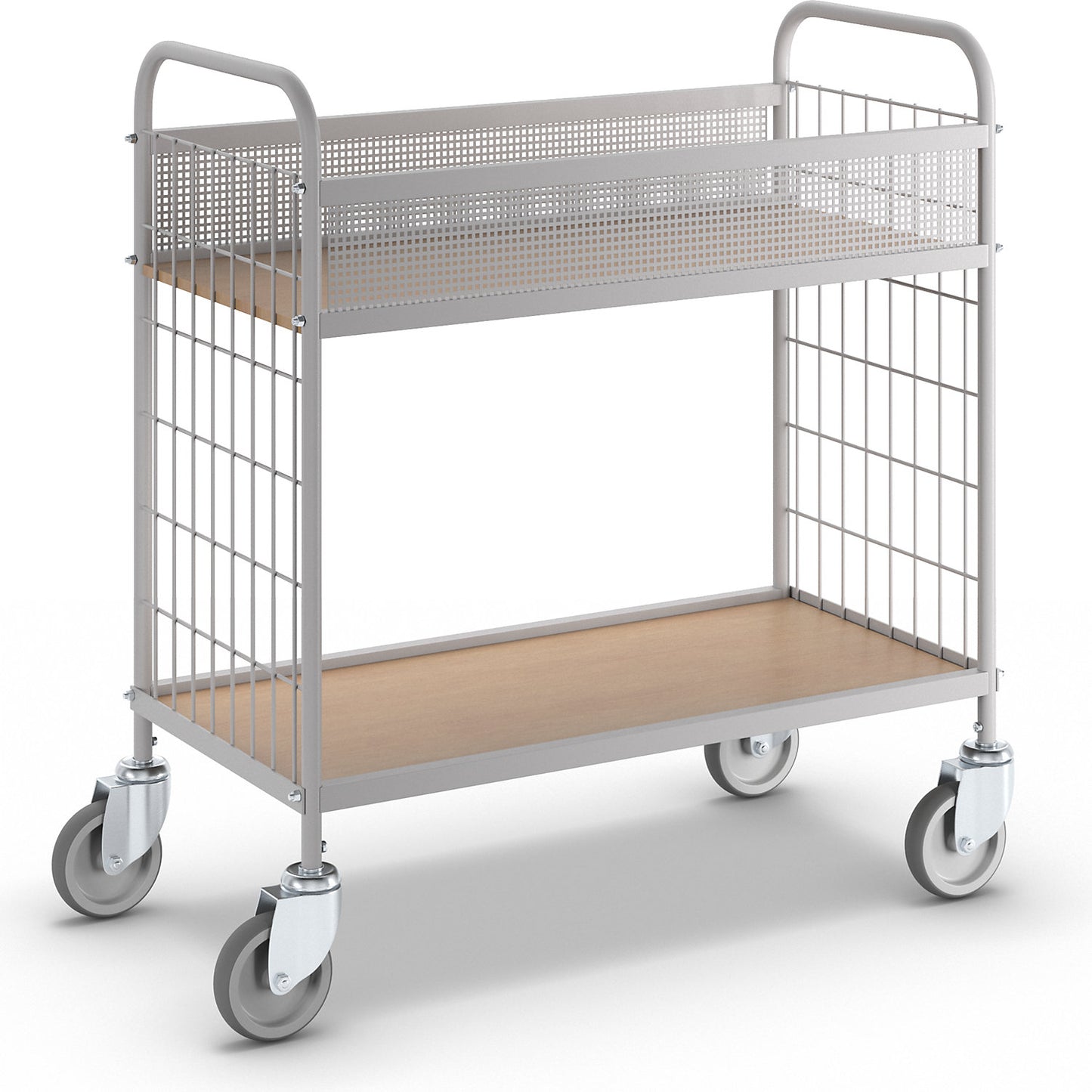 Office shelf trolley, max. load 150 kg, with 2 shelves, 4 swivel castors, wheel Ø 100 mm.