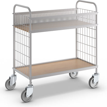 Office shelf trolley, max. load 150 kg, with 2 shelves, 4 swivel castors, wheel Ø 100 mm.