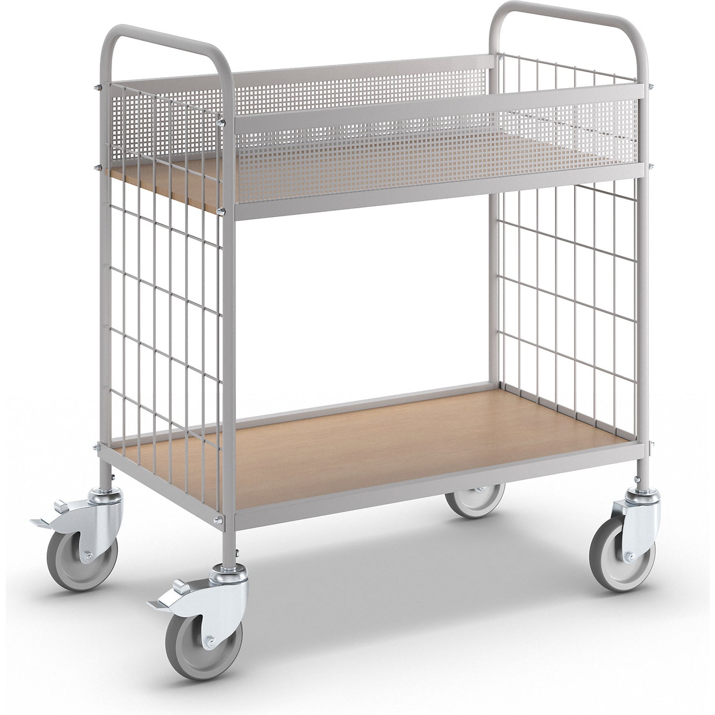 Office shelf trolley, max. load 150 kg, with 2 shelves, 4 swivel castors, 2 with double stops, wheel Ø 100 mm.
