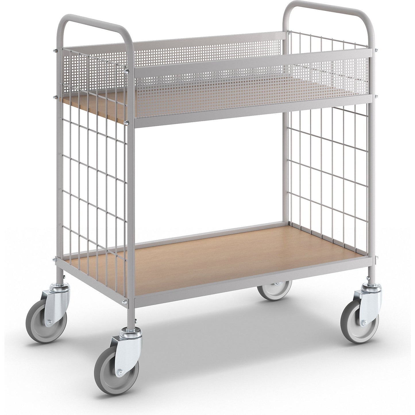 Office shelf trolley, max. load 150 kg, with 2 shelves, 4 swivel castors, wheel Ø 125 mm.