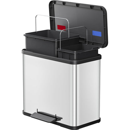 Eco waste collector with pedal, duo Plus L, capacity 9 + 17 l, stainless steel.