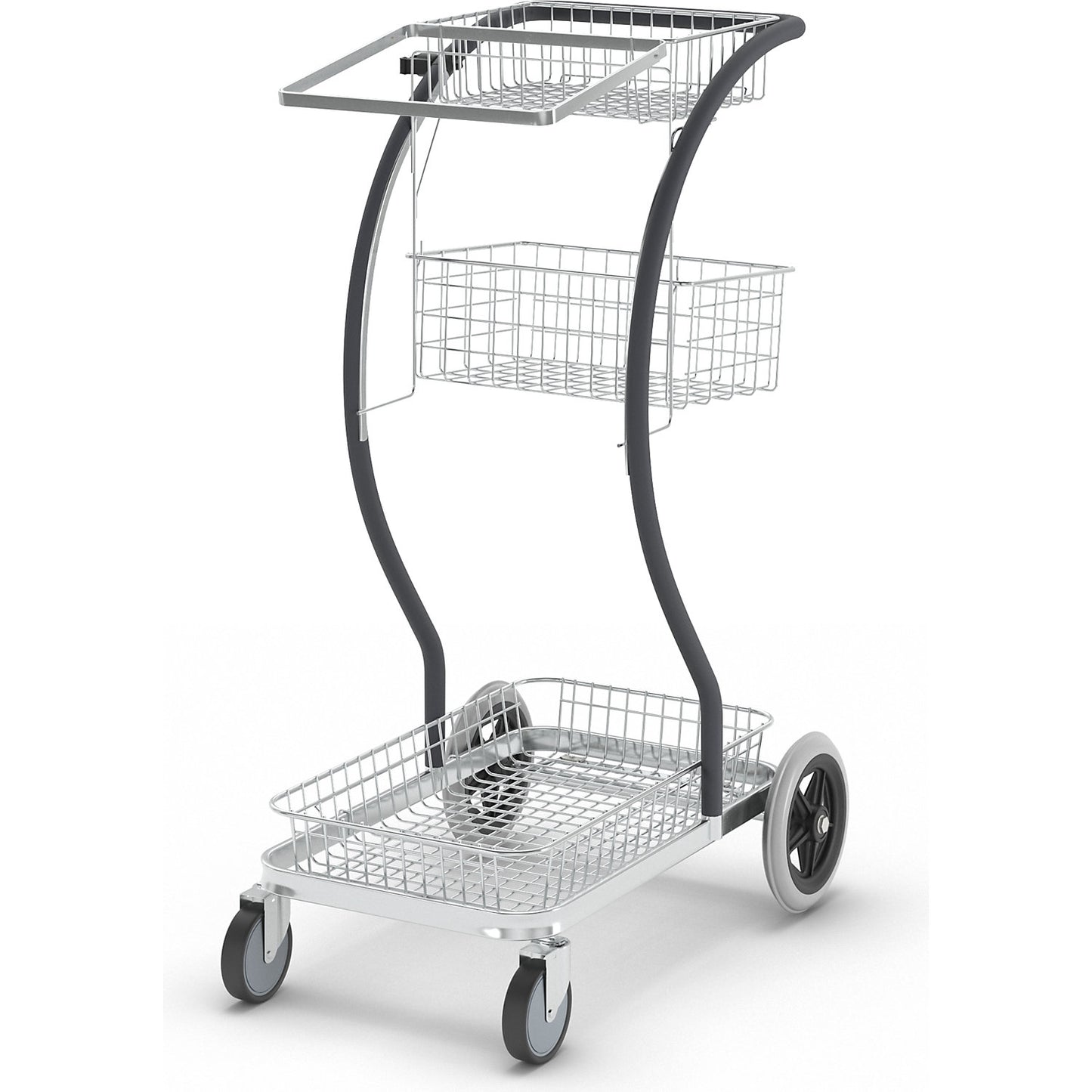 C-LINE platform and cleaning trolley, with baskets and waste sack holder, 2 swivel castors and 2 fixed castors.