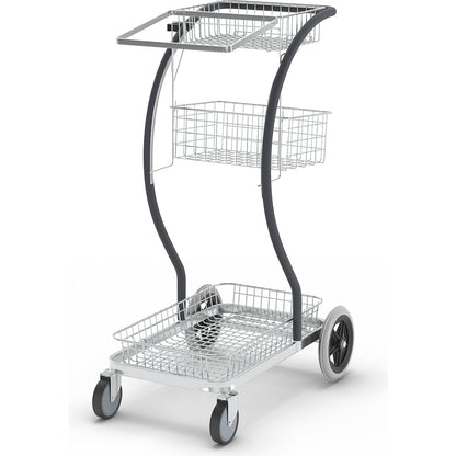 C-LINE platform and cleaning trolley, with baskets and waste sack holder, 2 swivel castors and 2 fixed castors.