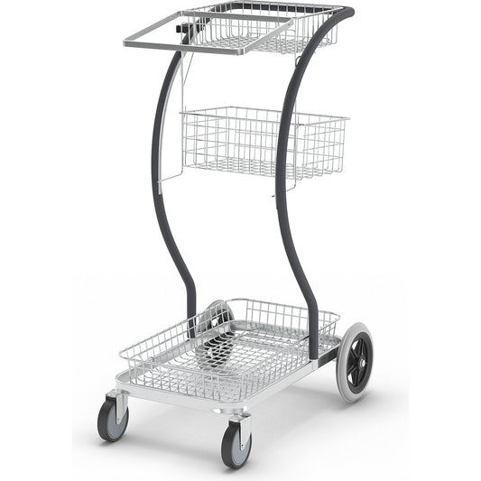 C-LINE platform and cleaning trolley, with baskets and waste sack holder, 2 swivel castors and 2 fixed castors.