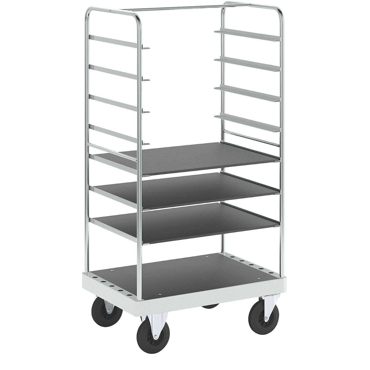 Multi-shelf truck, zinc plated, LxWxH 1000 x 700 x 1900 mm, 3 shelves, 2 swivel castors and 2 fixed castors.