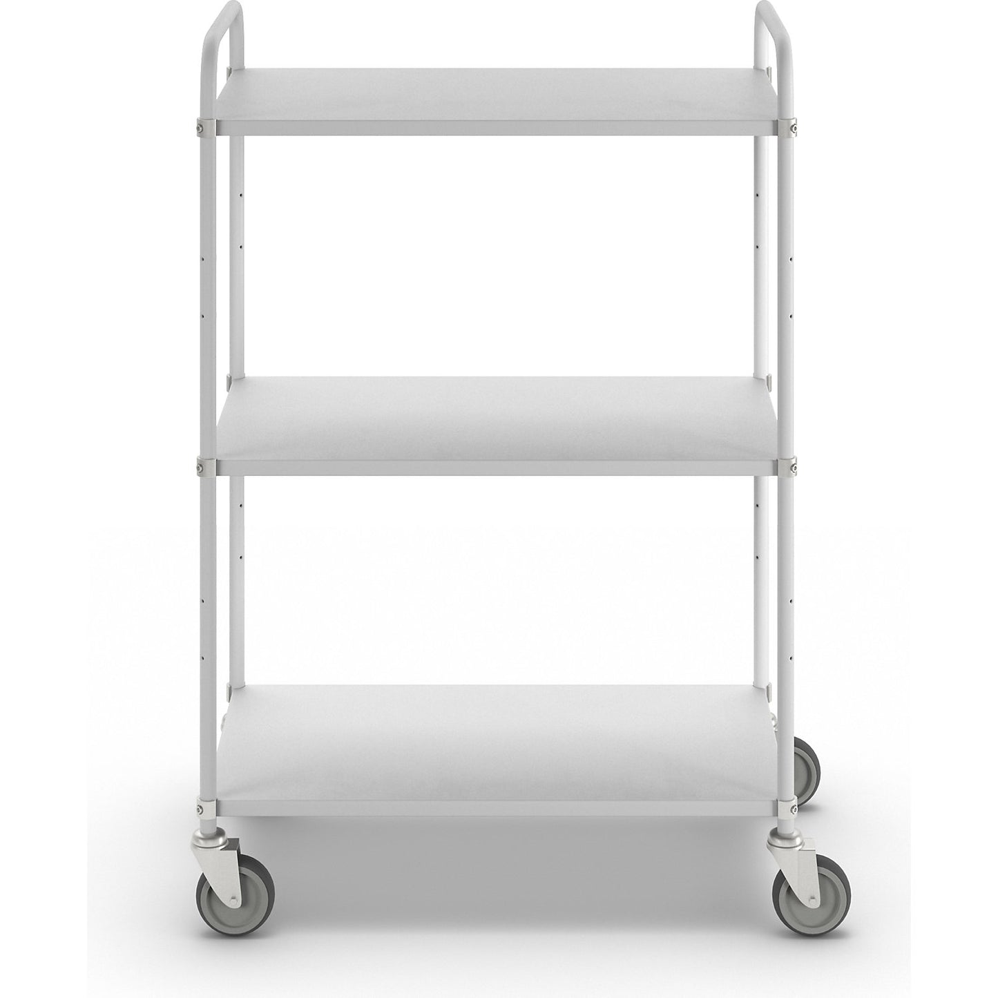Lightweight shelf truck, height 1445 mm, with 3 metal shelves, white, 4 swivel castors.
