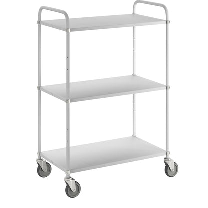 Lightweight shelf truck, height 1445 mm, with 3 metal shelves, white, 4 swivel castors.