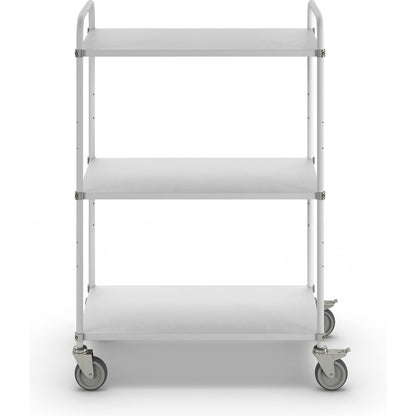 Lightweight shelf truck, height 1445 mm, with 3 metal shelves, white, 2 swivel castors with stops.