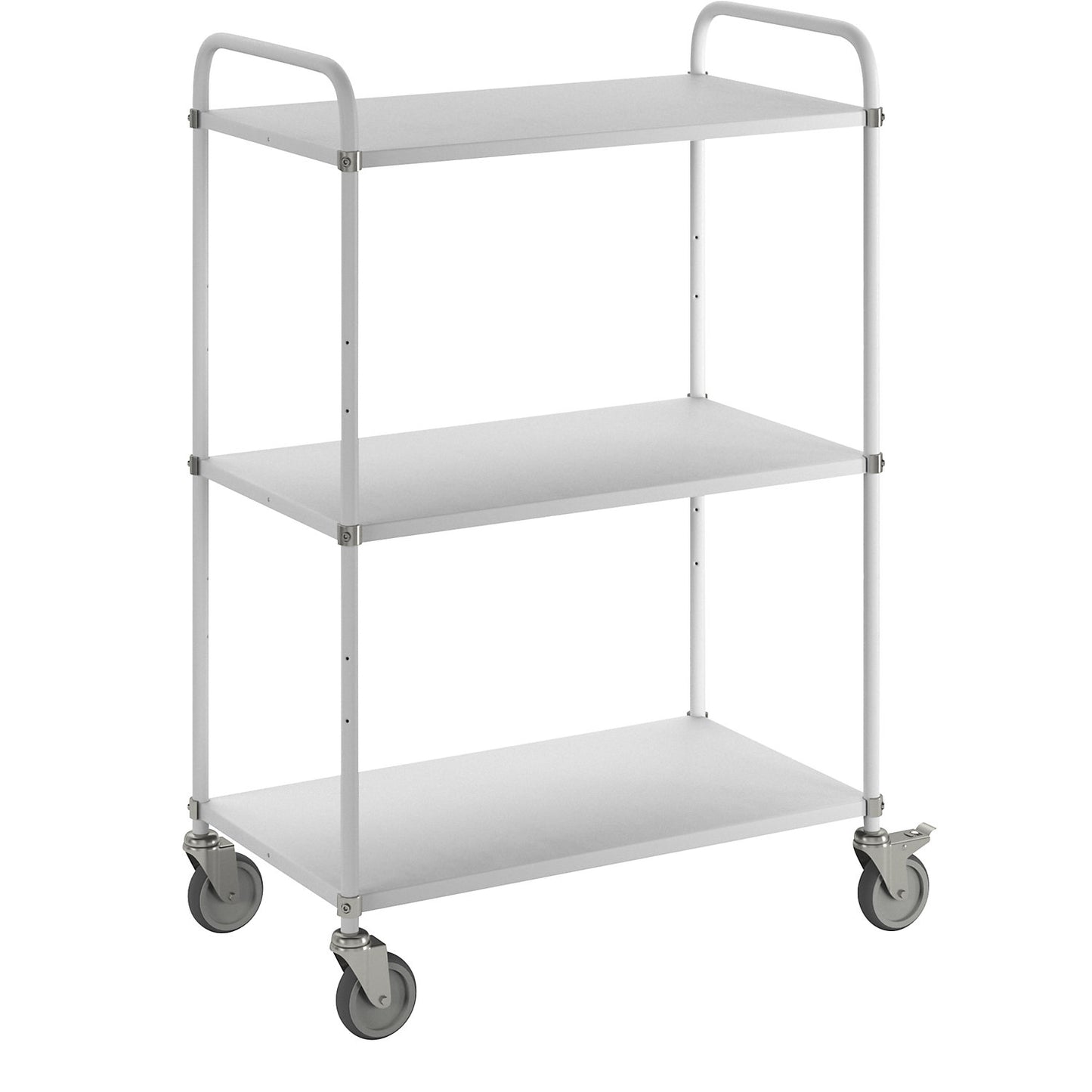 Lightweight shelf truck, height 1445 mm, with 3 metal shelves, white, 2 swivel castors with stops.