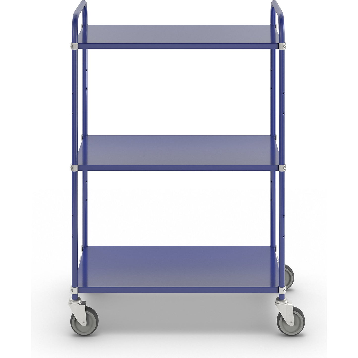 Lightweight shelf truck, height 1445 mm, with 3 metal shelves, blue, 4 swivel castors.