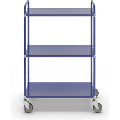 Lightweight shelf truck, height 1445 mm, with 3 metal shelves, blue, 4 swivel castors.