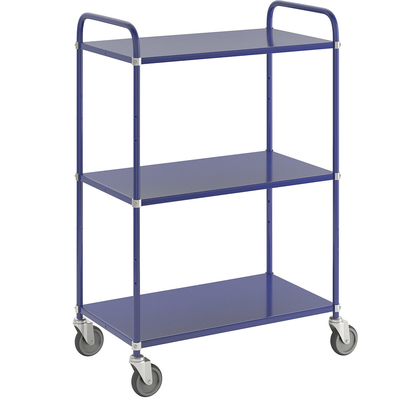 Lightweight shelf truck, height 1445 mm, with 3 metal shelves, blue, 4 swivel castors.