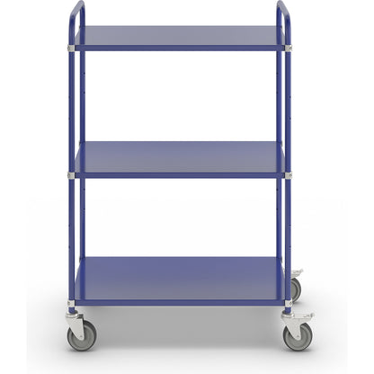Lightweight shelf truck, height 1445 mm, with 3 metal shelves, blue, 2 swivel castors with stops.