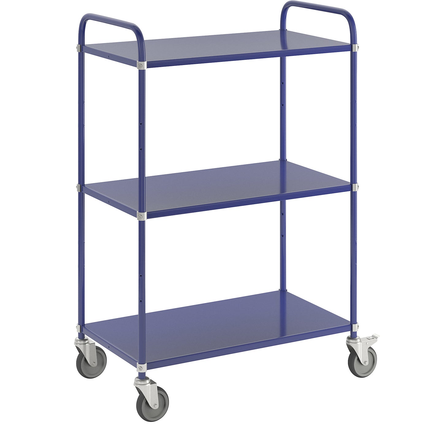 Lightweight shelf truck, height 1445 mm, with 3 metal shelves, blue, 2 swivel castors with stops.