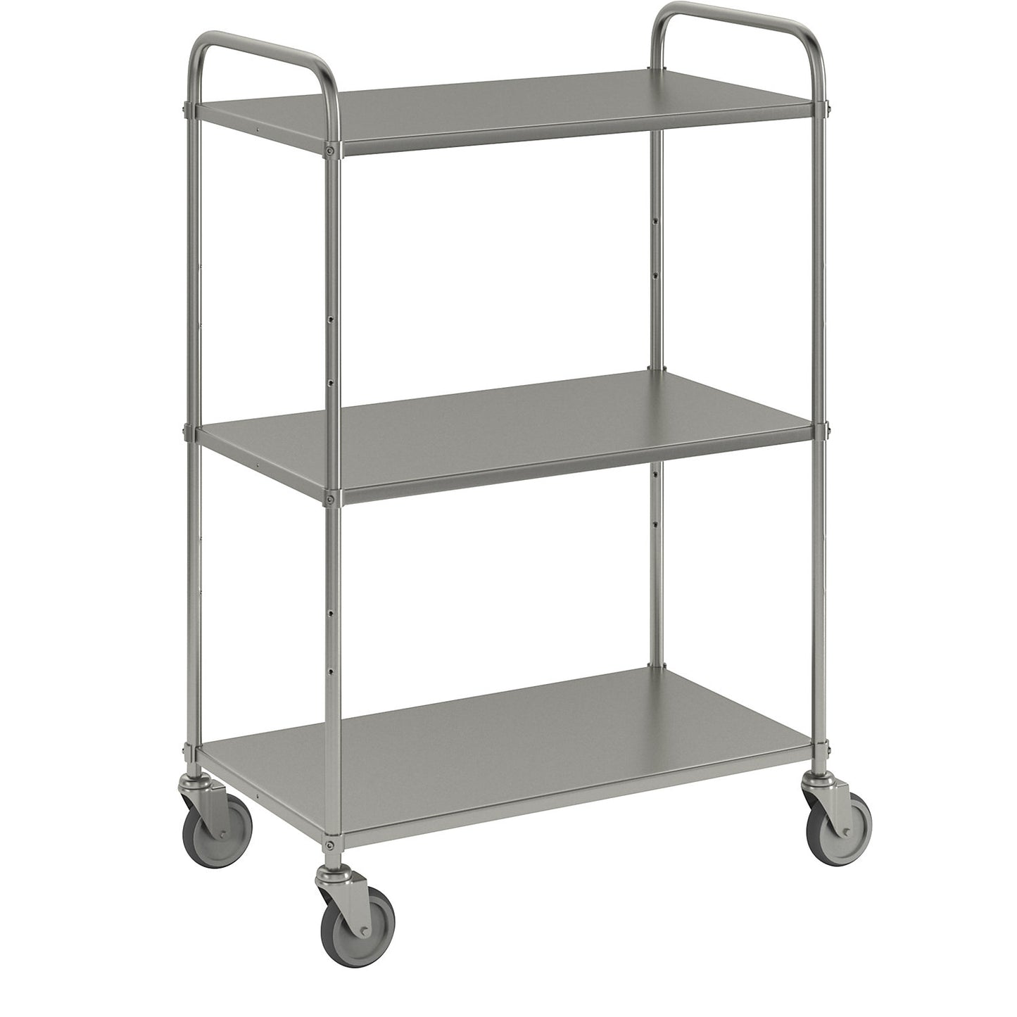 Lightweight shelf truck, height 1445 mm, with 3 metal shelves, electrolytically zinc plated, 4 swivel castors.