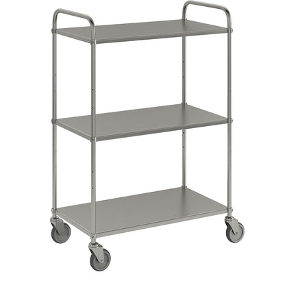 Lightweight shelf truck, height 1445 mm, with 3 metal shelves, electrolytically zinc plated, 4 swivel castors.